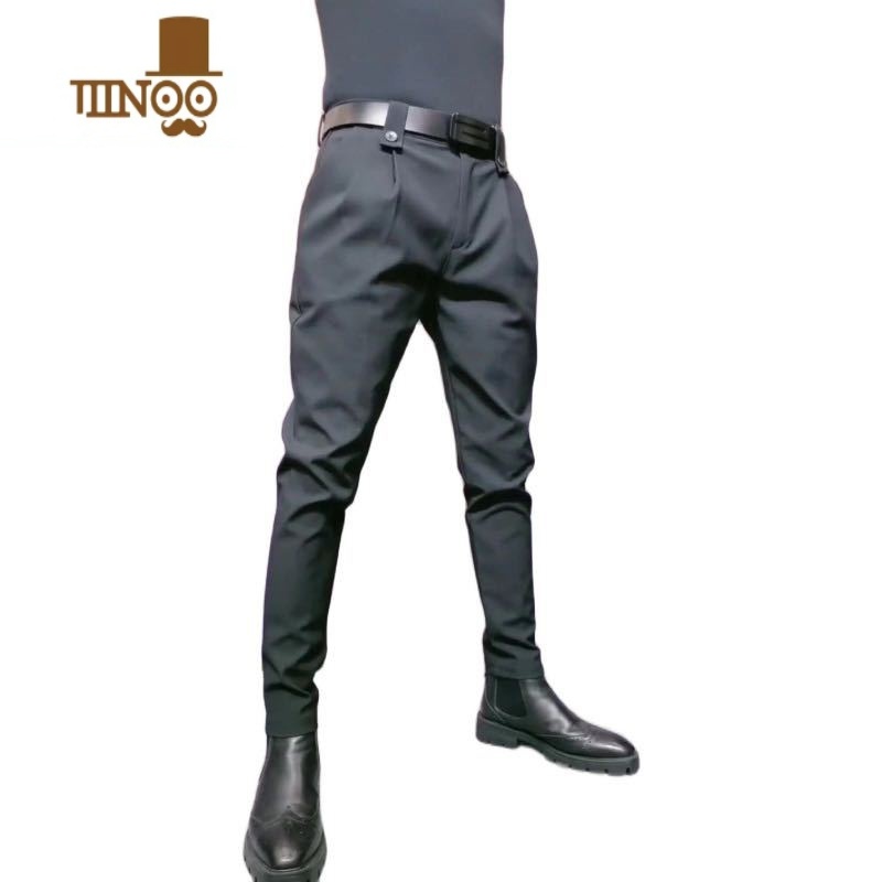 YANXU秋季百搭黑色长裤修身扎腰带散脚休闲裤韩版潮流小脚裤男直筒西裤高清大图