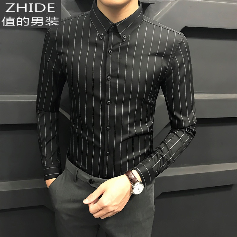 SUNTEK春季条纹保暖加厚衬衫男长袖修身韩版潮流加绒休闲男士衬衣男商务衬衫