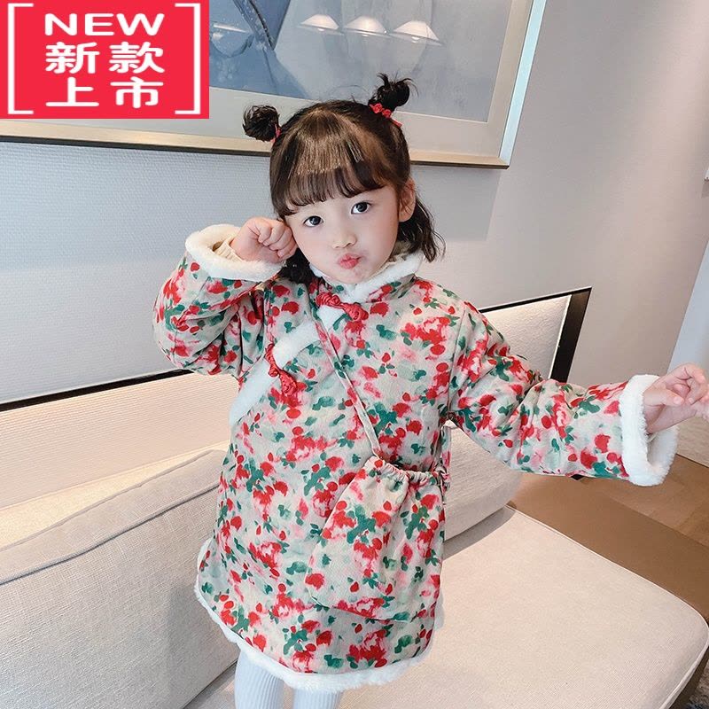 可莉允女童加厚保暖旗袍裙棉衣冬装中国风女宝宝冬季夹棉碎花唐装拜年服棉服图片