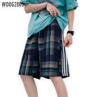 WOOG2005 排扣格子开衩休闲短裤男宽松五分中裤大码潮流裤子男