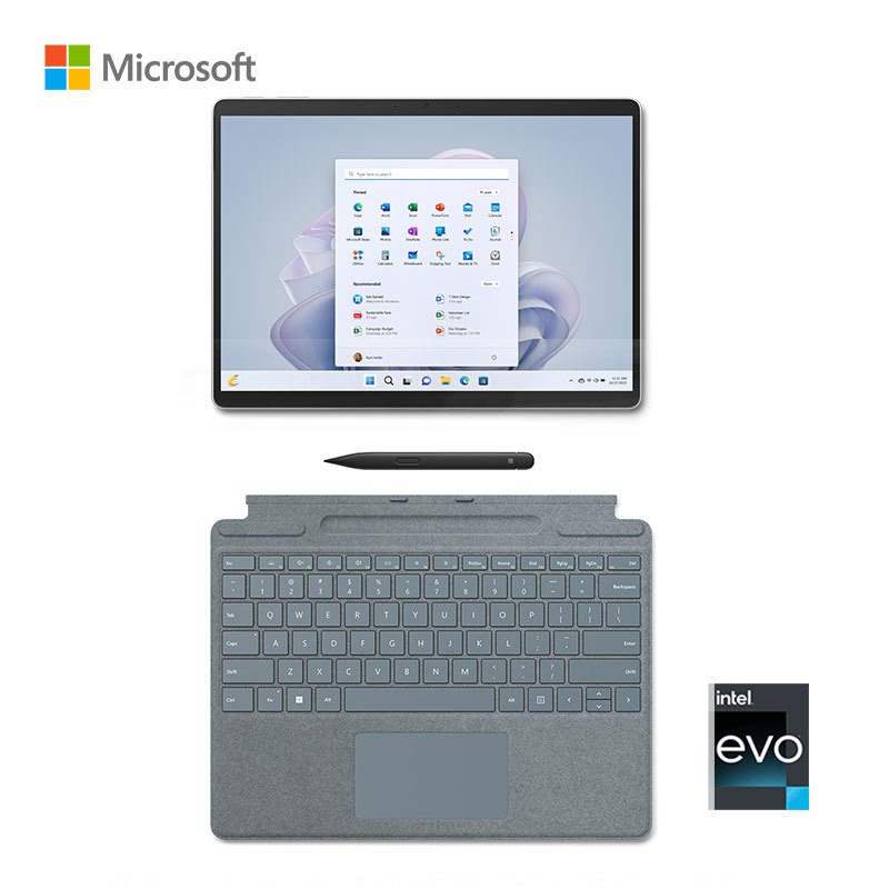 微软Surface Pro 9 二合一平板电脑 酷睿i5 16G 256G亮铂金+带笔键盘盖 冰晶蓝 英特尔Evo认证