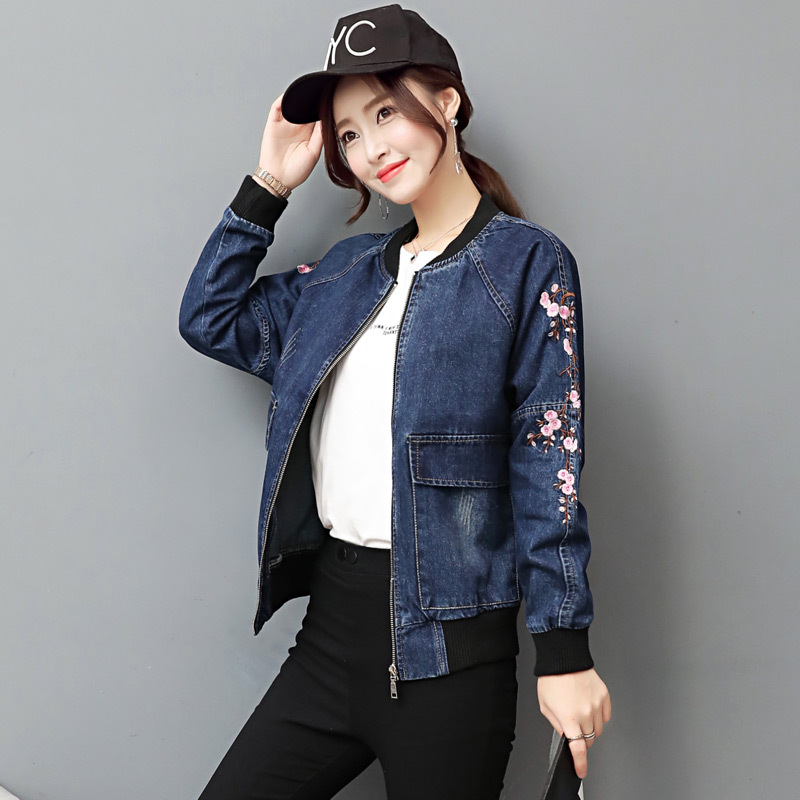 秋装短款牛仔外套女宽松休闲夹克衫2018新款圆领刺绣棒球服