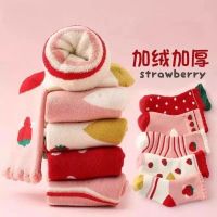 男童袜子冬季棉加厚加绒保暖毛圈袜女秋冬童袜儿童中筒棉袜 5双【鞋码19-24】1-3岁 加厚毛圈红色草莓