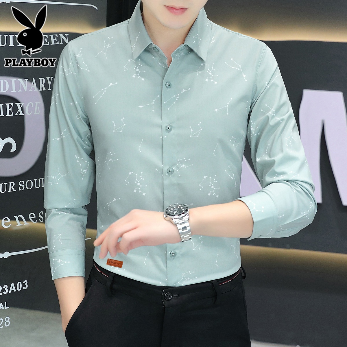 花花公子长袖衬衫男士秋季潮流痞帅印花高级感休闲衬衣男2024新感高清大图