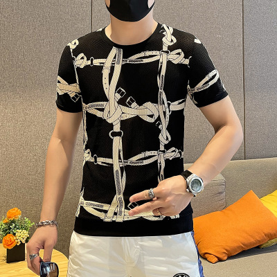 黑白编带 M(建议100-115斤) 艾派狼怀茂男装T恤夏季冰丝速干创意绳索印花短潮流时尚网眼体恤