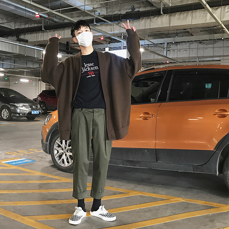 夏季年轻港风直筒男式休闲裤子工装裤韩版纯色九分裤男宽松潮男裤