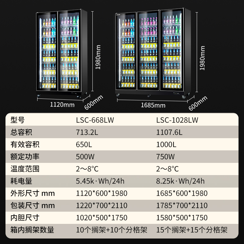 澳柯玛(AUCMA) 展示柜LSC-1028LW 1000升啤酒柜冷藏展示柜冰柜保鲜饮料柜啤酒柜循环风机制冷