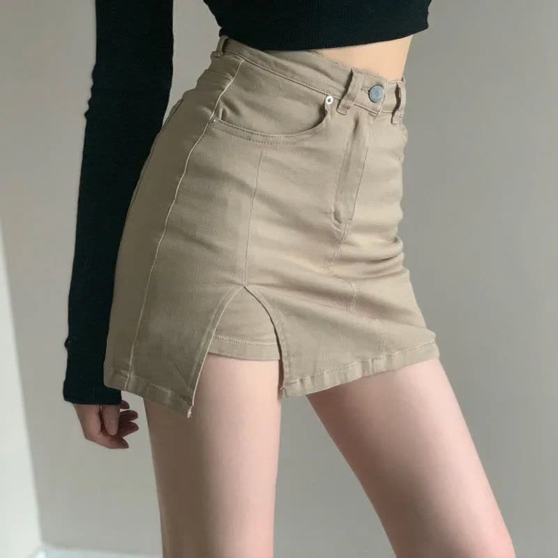 高腰侧开叉牛仔半身裙女夏季2022新款显瘦a字辣妹包臀弹力短裙子莎丞图片