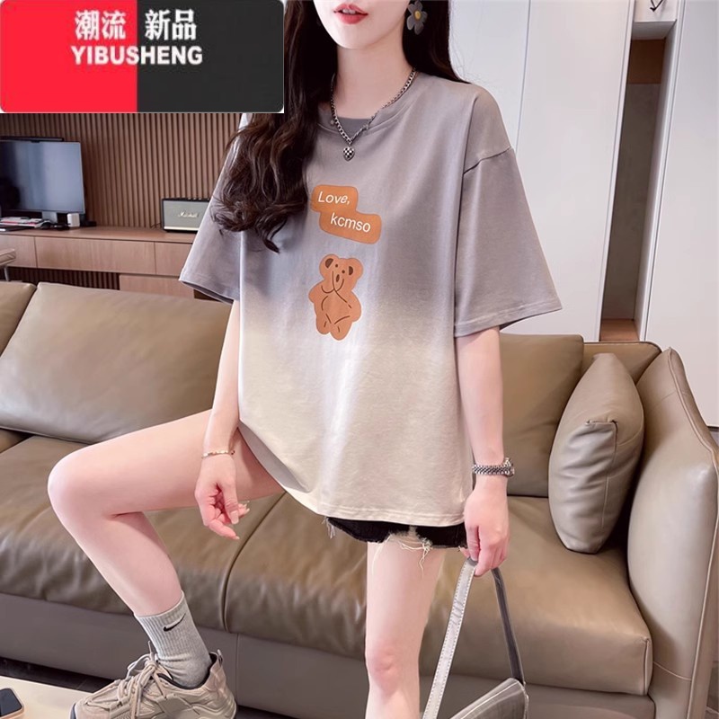 YIBUSHENG渐变色短袖t恤女季2024新款宽松大码女装设计感小众扎染上衣渐高清大图