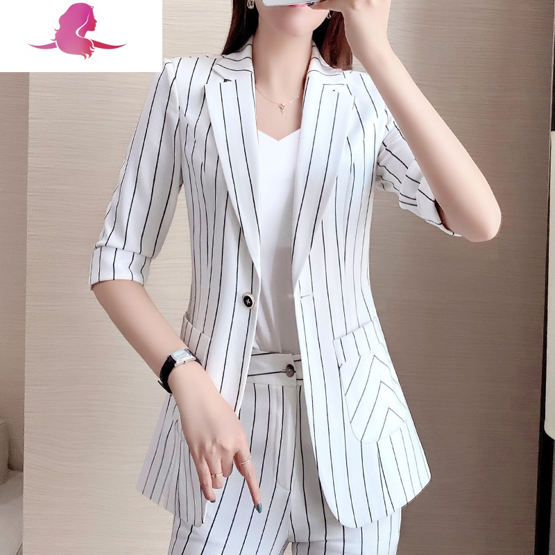 艳如飞西装外套女春季白色条纹休闲职业装上衣修身收腰气质时尚西服套装套装