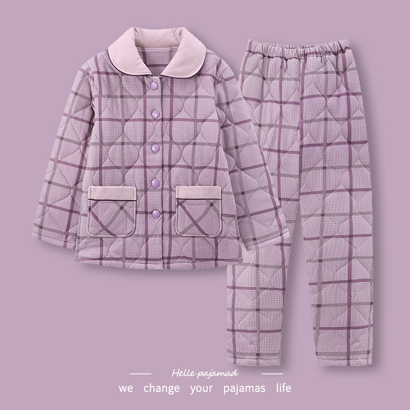 浪莎夹棉睡衣女冬季三层加厚夹棉袄大码保暖开衫可外穿家居服套装