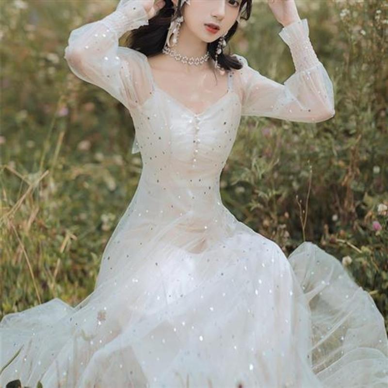 法式气质连衣裙女2021春秋小礼服亮片网纱长裙子仙女超仙森系 优雅杏 S