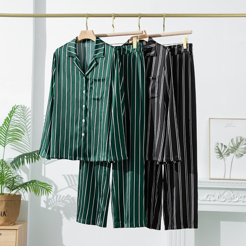春夏新品桑蚕丝真丝睡衣女上衣长裤家居服套装丝绸翻领条纹