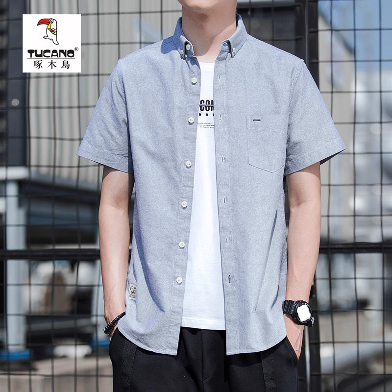 啄木鸟男士冰丝短袖衬衫夏季薄款商务休闲免烫百搭工装衬衣潮外套高清大图