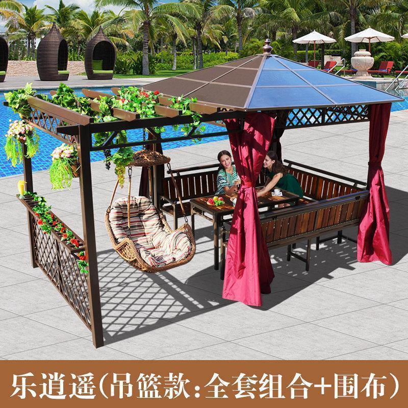 森美人凉亭户外庭院实木铁艺遮雨棚亭子防腐木秋千桌椅花园休闲亭葡萄架 组合凉亭（吊篮款：全套组合+围布）-GD