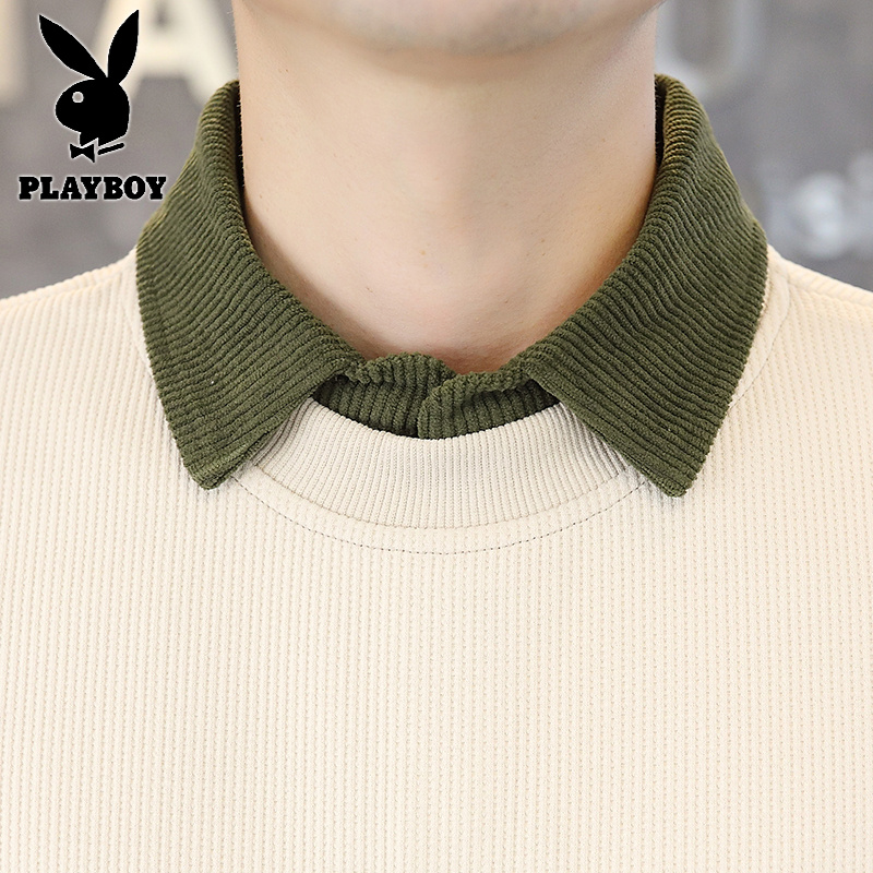 花花公子新款春秋长袖polo衫翻领卫衣T恤内搭衬衫领灯芯绒高清大图