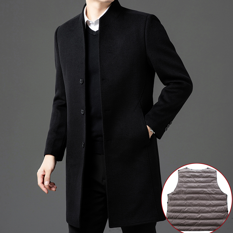 双面呢鹅绒内胆男士羊绒大衣羽绒内胆可拆卸中青年羊毛呢子中长款外套爸爸针织上衣服活里活面鹅绒内胆风衣中老年羽绒外套大码冬装高清大图