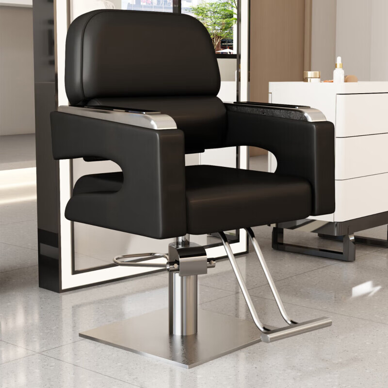 戴劲理发椅美发凳发廊专用升降旋转可放倒剪发椅黑色银色不锈钢方盘高清大图