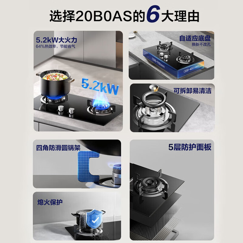 老板(Robam)燃气灶20B0AS煤气灶5.2KW大火力猛火灶 64%热效率小尺寸可调节底盘天然气 20B0A升级款高清大图