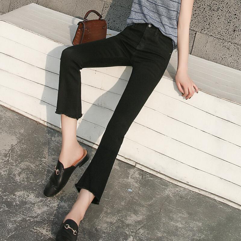 牛仔裤女2018夏季韩版高腰毛边微喇叭裤新款弹力显瘦九分裤子