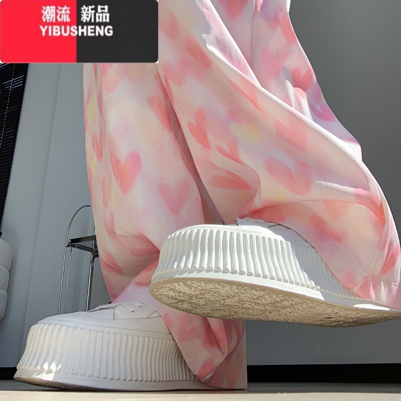 YIBUSHENG粉色爱心阔腿裤女高腰垂感季薄款2024新款休闲小个子冰丝山本裤高清大图