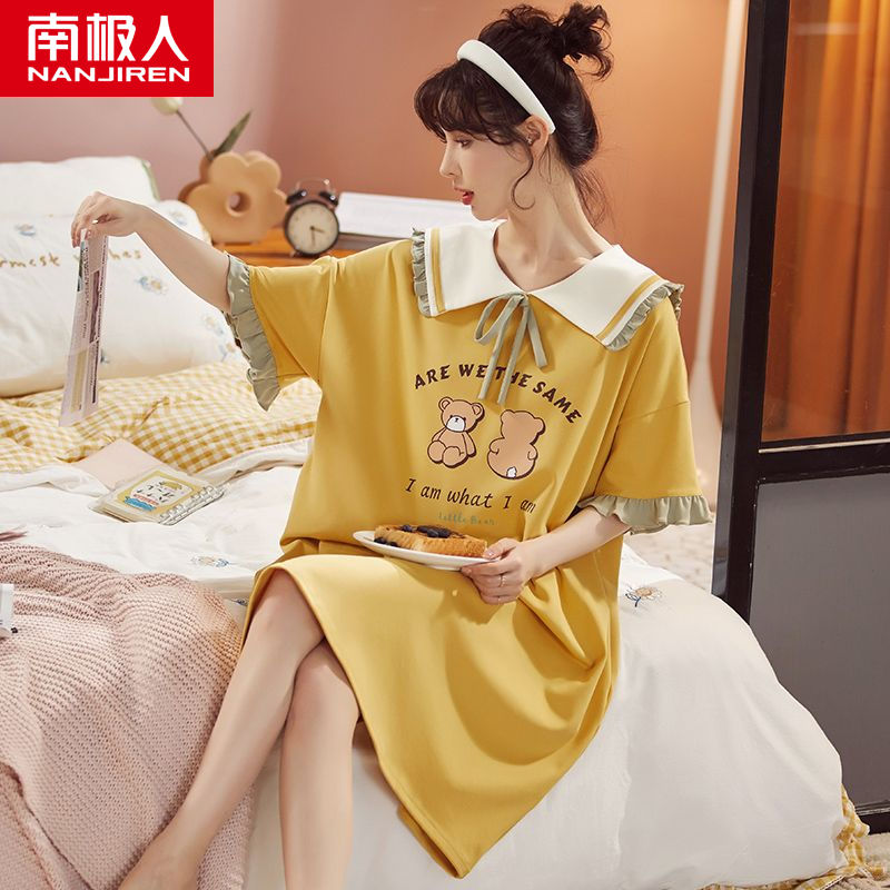睡裙女夏季短袖薄款可外穿大码胖mm200斤韩版宽松睡衣高清大图