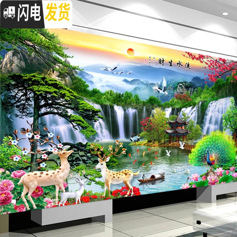 三维工匠十字绣2020新款线绣客厅流水生财自己绣手工风景满绣简单家用刺绣 棉线150*70cm[满绣]三股绣送全套工具高清大图