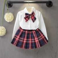 迪鲁奥(DILUAO)女童白衬衫棉圆领衬衣格子短裙儿童礼服学生表演服女童演出套装 19769-校服类红格