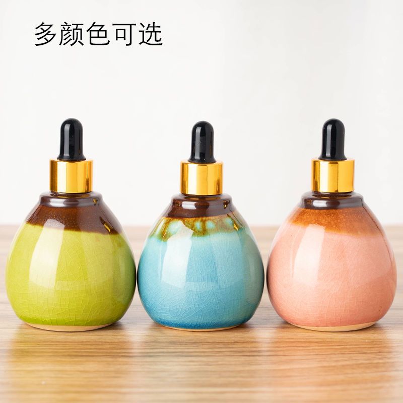 美容院用品玻璃精油瓶小空瓶子化妆品瓶精华液滴管分装瓶陶瓷复古 小号蓝色-密封精油空瓶50ml