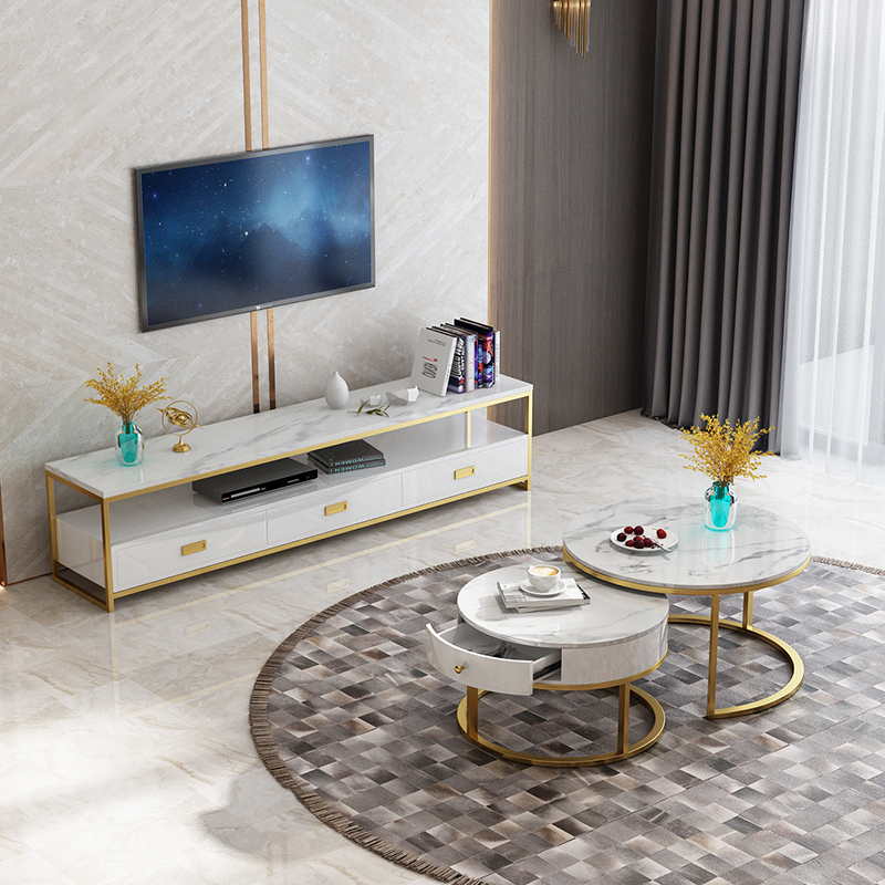 北欧电视柜茶几组合闪电客现代简约小户型轻奢创意大理石白色家用铁艺