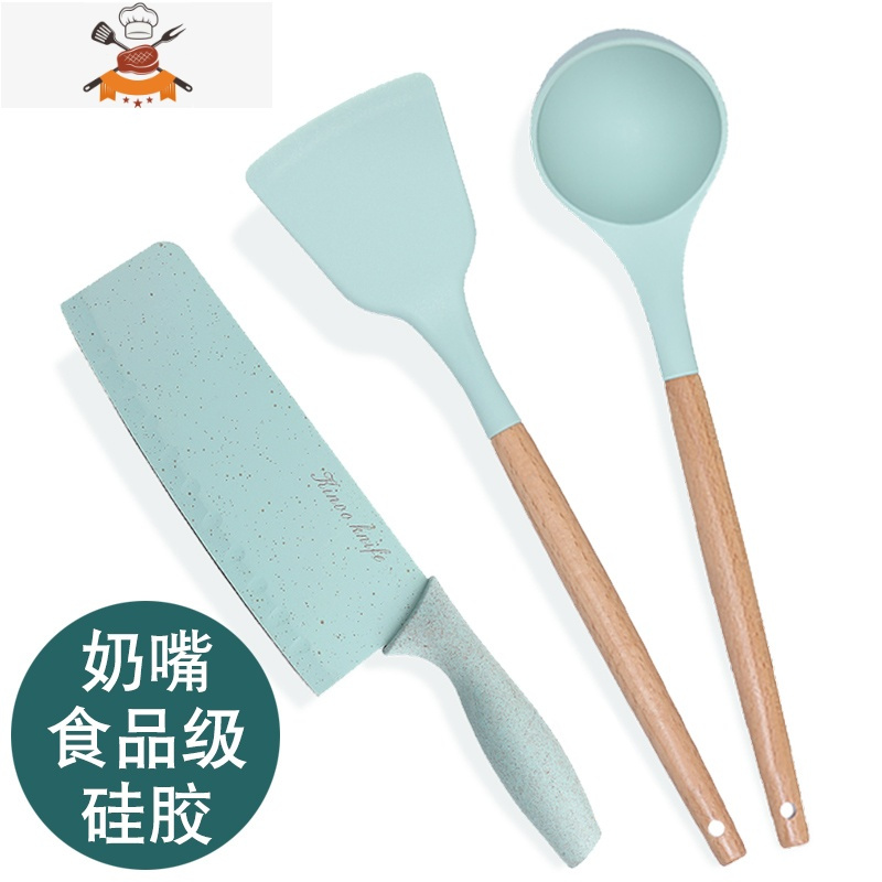 木柄硅胶锅铲汤勺套装家用厨房炒菜铲子不粘锅专用可高温厨具菜刀 敬平 北欧绿/铲+汤勺