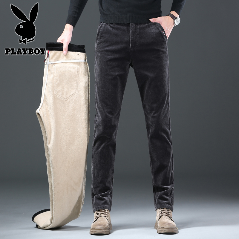 花花公子新款高品质灯芯绒男裤松紧腰头休闲裤弹力修身小直筒裤（支持代发）高清大图