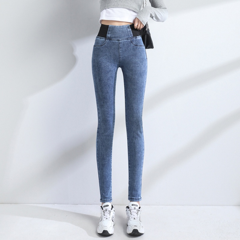班俏banqiao松紧腰收腹牛仔裤女2021春秋季新款高腰显