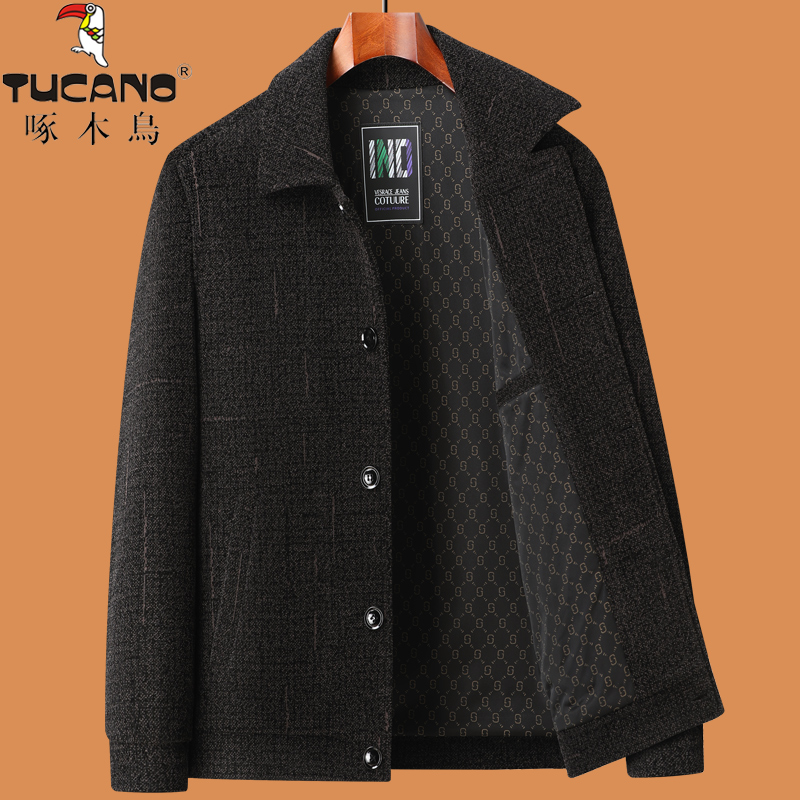 啄木鸟爸爸秋装中年毛呢夹克男士外套春秋季中老年呢子上衣50岁6上 180/92A适合115-130斤 咖啡色