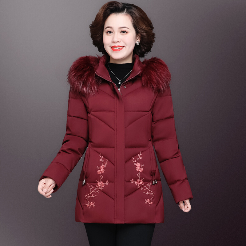 迪鲁奥(DILUAO)中老年棉衣女中长款连帽外套服冬季妈妈装宽松大码加厚棉袄品牌女装 A款酒红 5XL(适合150-165斤品质保证，送运费险)