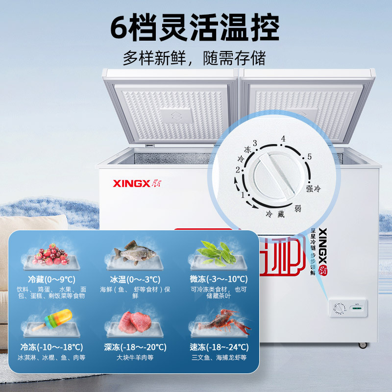 星星(XINGX) BCD-280E 280升 顶开门取物便捷 双温双箱左右储存更鲜美 卧式冷柜 冰柜