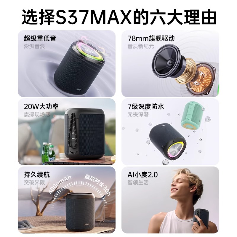 索爱(soaiy) S37MAX蓝牙音响无线小型高音质车载小音箱迷你户外低音炮小度智能语音新款高清大图