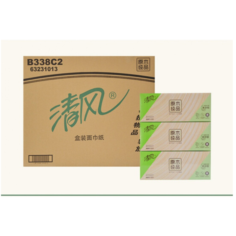 清风 原木纯品盒装面巾纸抽纸餐巾纸 B338C1(36盒/箱,10箱起订,低于起订量不发货)