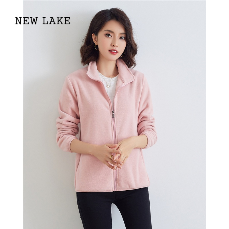 NEW LAKE新款摇粒绒开衫外套女春加厚保暖双面绒夹克户外大码抓绒衣男 粉色-女款 M建议100斤以下