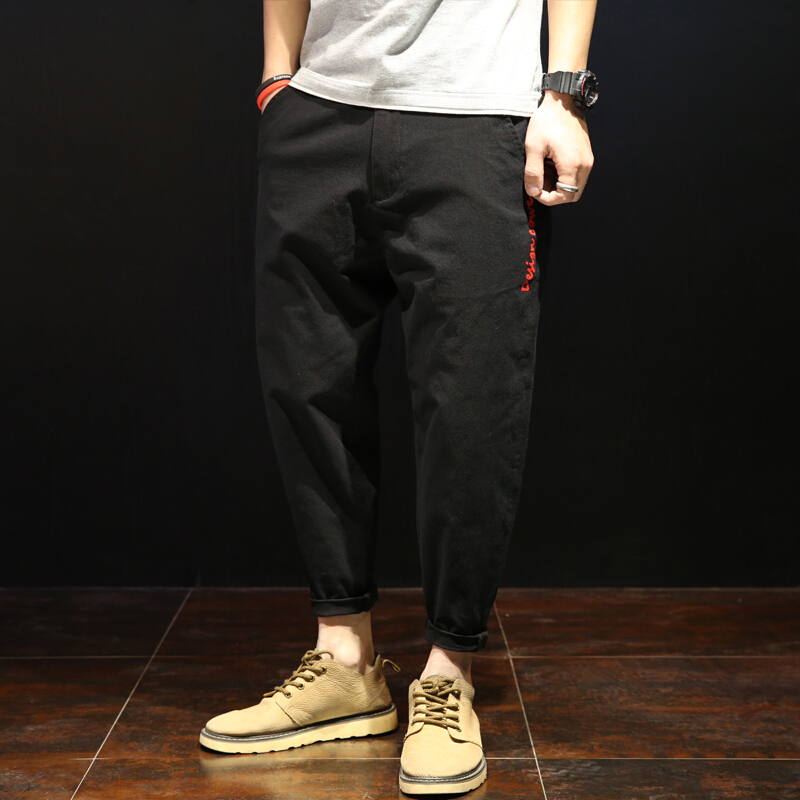 黑色九分裤男加肥加大码胖人休闲裤宽松小脚弹力哈伦裤夏裤薄款潮黑色