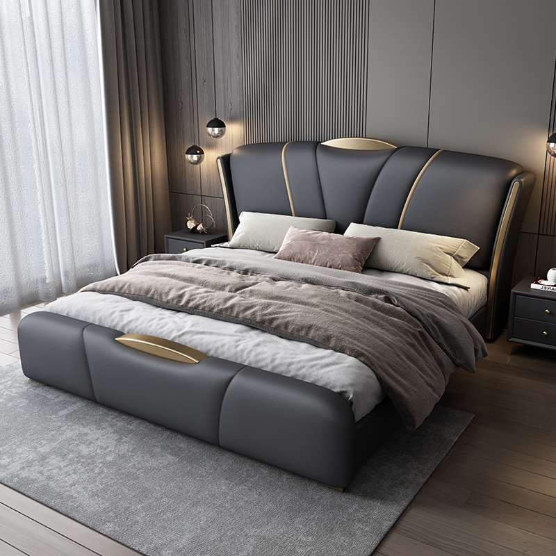 景山百岁 法式奶油风真皮床轻奢现代简约1.5米1.8米双人床主卧大床小户型极简储物软包床婚床（多色可选 拍下请备注）高清大图