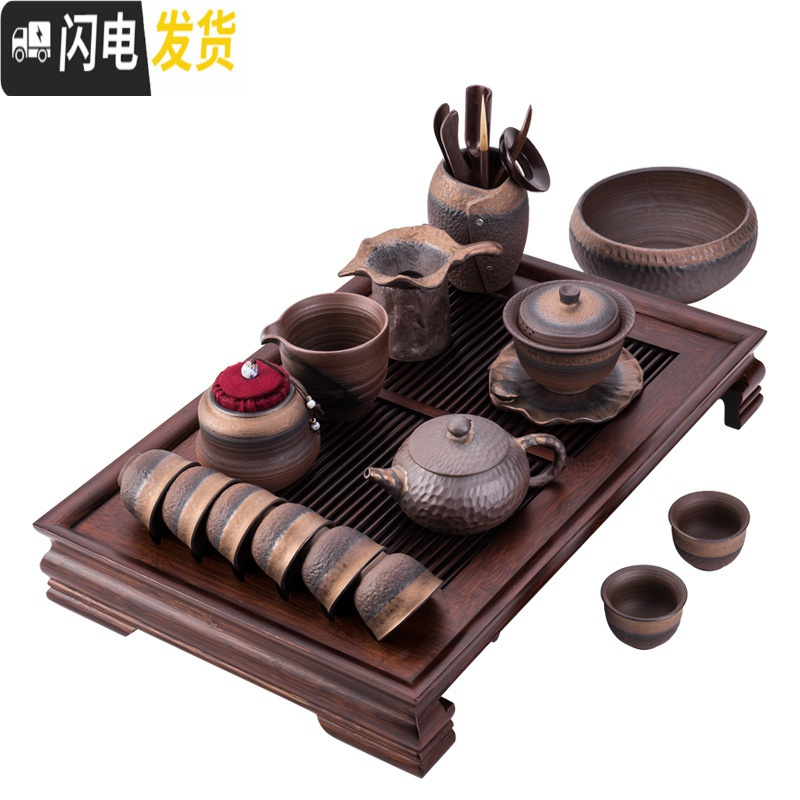 三维工匠粗陶茶具套装陶瓷功夫茶具整套家用简约办公茶壶茶杯茶盘盖碗复古 粗陶茶具-盖碗11头(带六君子)
