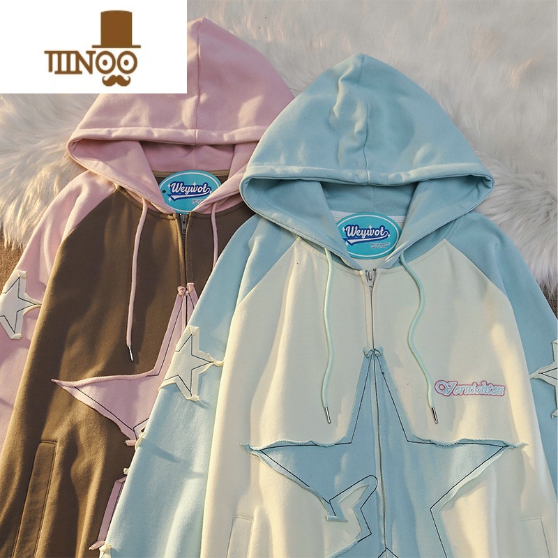 YANXUWEYWOT 国潮牌小众ins星星贴布开衫卫衣男女宽松插肩袖学生党外套高清大图