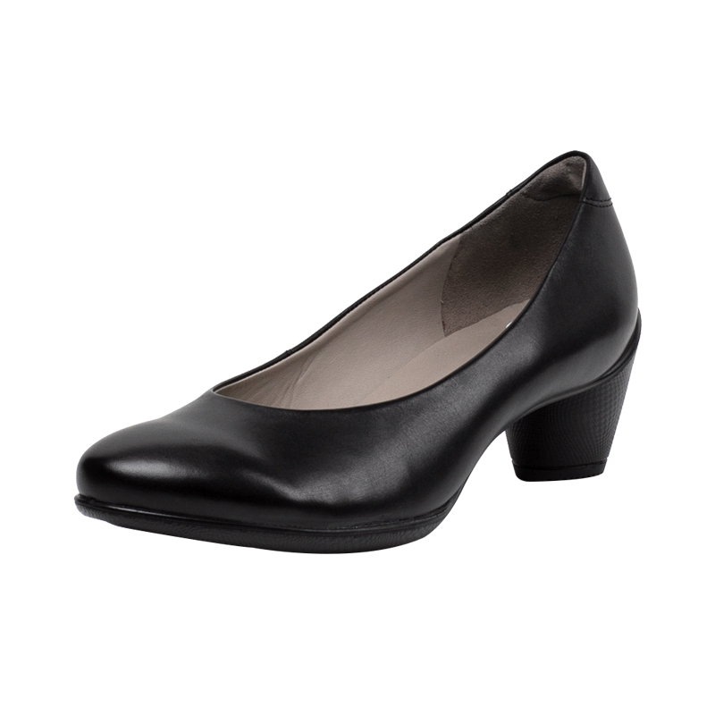 ecco爱步圆头浅口舒适套脚粗跟单鞋女经典商务正装皮鞋230203