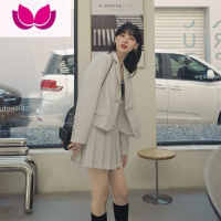 七斓米色盘扣小西服套装裙女春2023新款设计感小个子西装百褶裙套 M120斤内 米白色新款面料升级版