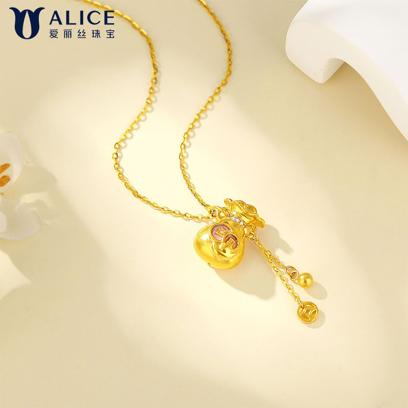 Alice爱丽丝珠宝 足金999招财纳福钱袋女式流苏项链 P0200035高清大图
