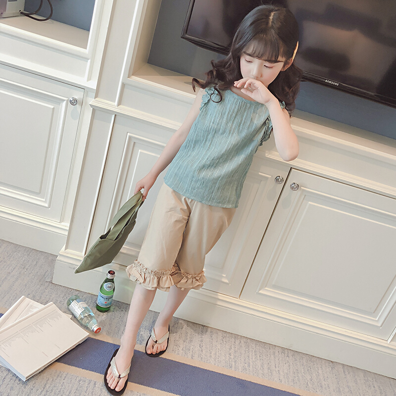 童装女童套装2018夏装儿童洋气棉麻七分裤两件套小女孩潮衣服ljq