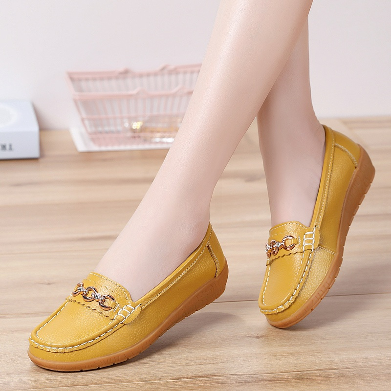 春秋季真皮平底女鞋牛筋底豆豆鞋休闲软底中年妈妈鞋轻便女单鞋6507土