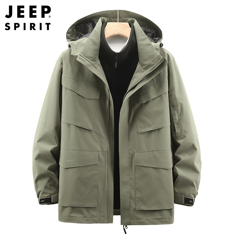 JEEPSPIRIT吉普棉服男冲锋保暖内胆外套秋冬三合一防风两件套男装 L 驼色