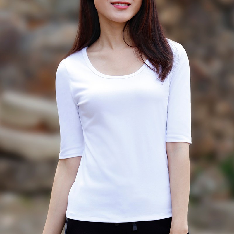 白色一字领五分中袖t恤紧身显瘦净面女式时尚打底衫2019新款搭配阔腿